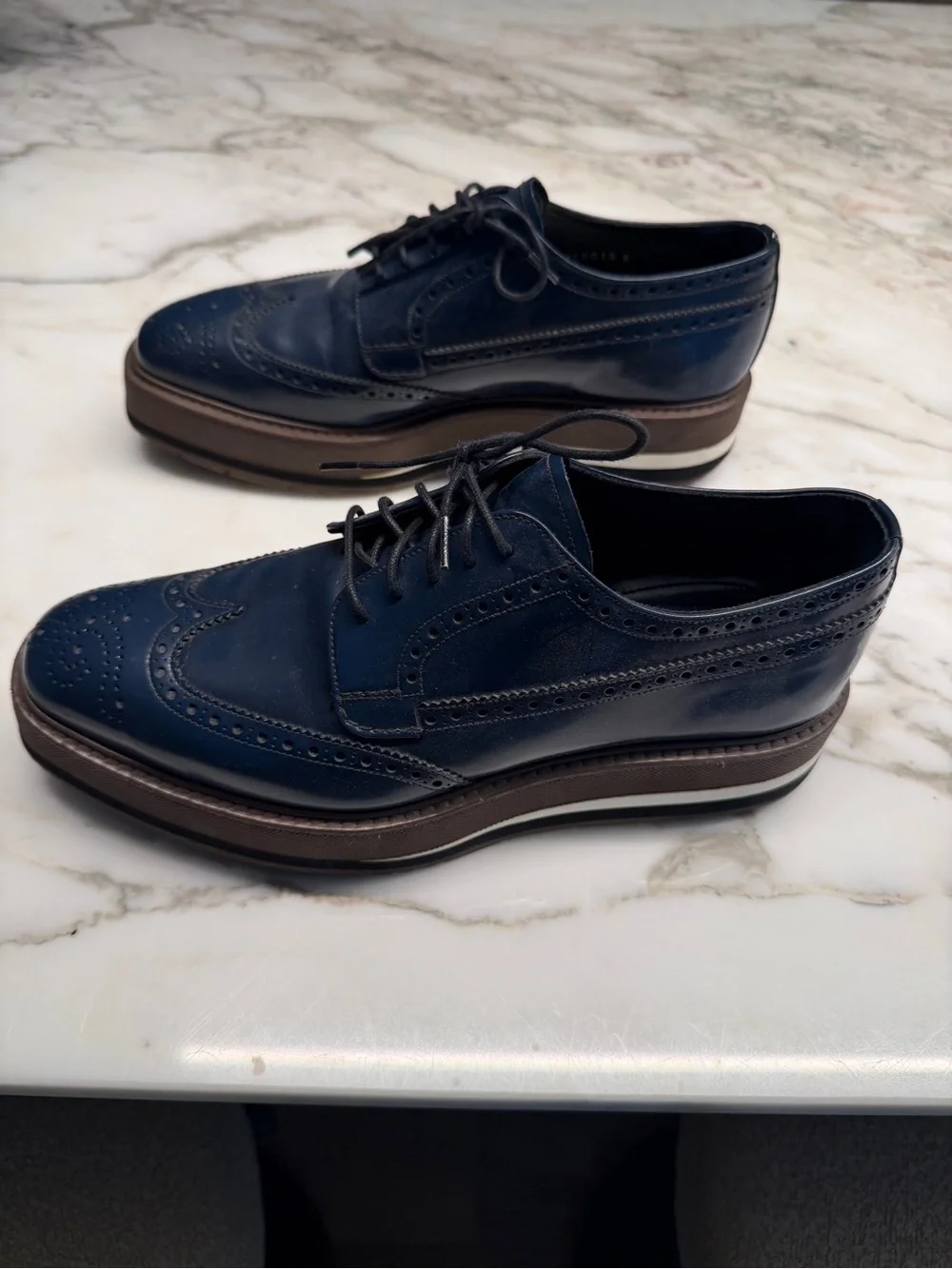 Prada Navy Leather Brogue Platform Derbys